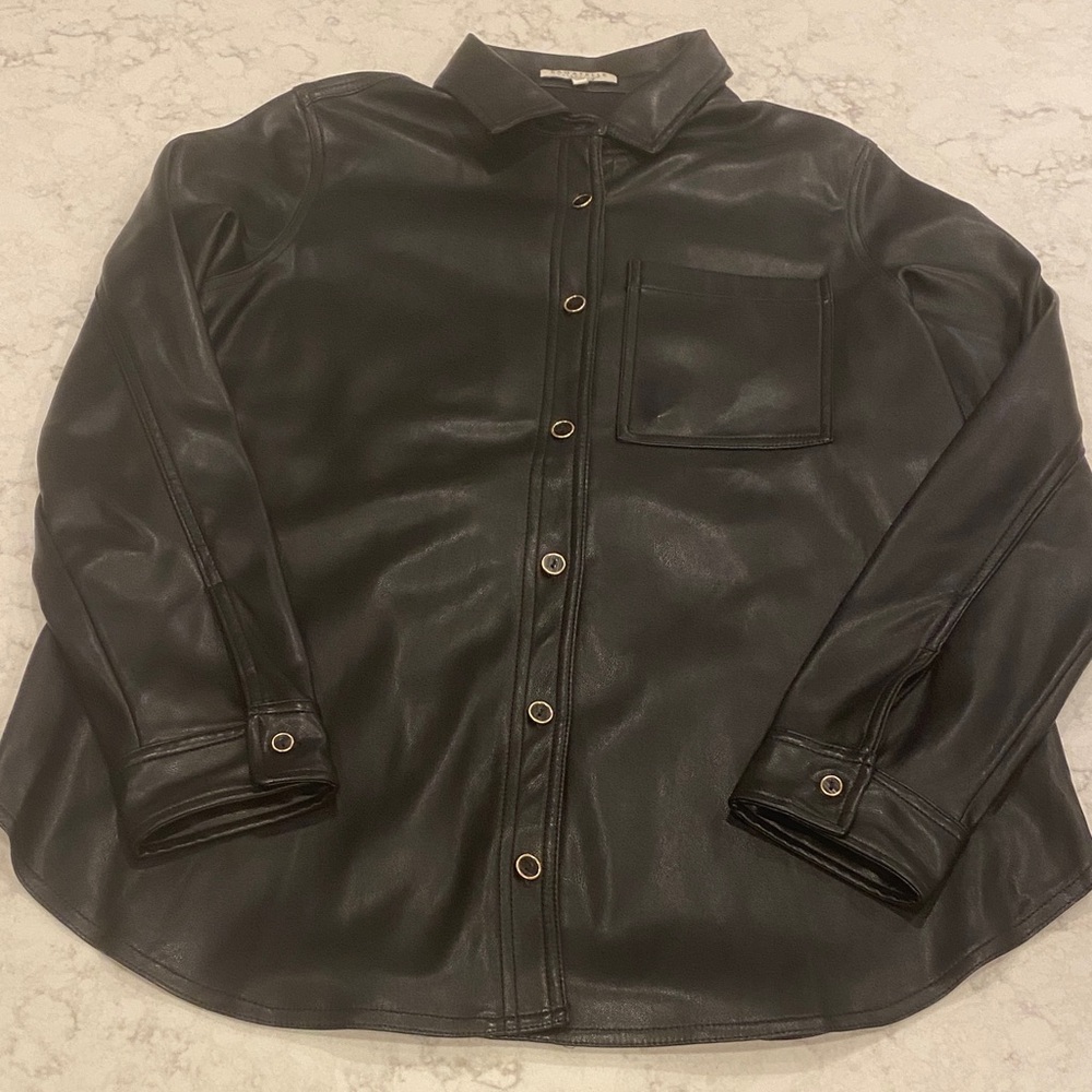 Black Faux Leather Button-Up Shirt, size medium